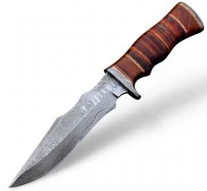 Couteau à lame fixe multi-ébavures en acier Damas forgé à la main, outil artisanal d'extérieur avec manche en cuir et bois empilés - Product Image 6