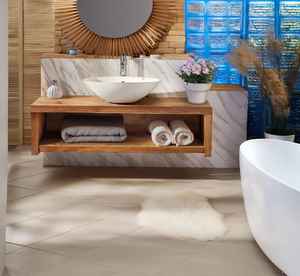 Meuble-lavabo mural moderne en bois massif avec étagère de rangement ouverte et vasque intégrée pour résidentiel et hôtelier - Product Image 2