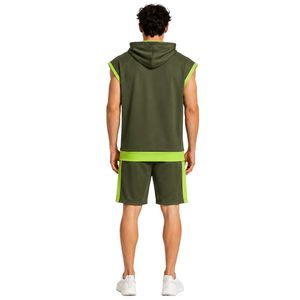 Mens Olive <b>Green</b> Lime <b>Green</b> Sleeveless Hooded Tracksuit <b>Set</b> Custom Logo <b>Gym</b> Fitness Training Sports Hoodie And Shorts Activewear - Product Image 2