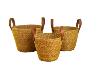 Paniers de rangement ronds tissés à la main en jonc de mer 100% naturel avec poignées en cuir, haute qualité, écologiques, personnalisables - Product Image 1
