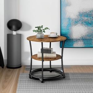 Tavolino a 2 livelli con struttura in acciaio, piano spazioso per piccoli spazi, marrone rustico, nero inchiostro - Product Image 5