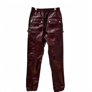 Men's Burgundy PU Coated <b>Cargo</b> <b>Pants</b> Moto Biker Style Elastic Waist <b>Waterproof</b> Satin Fabric Solid Color Pocket Design Winter - Product Image 3