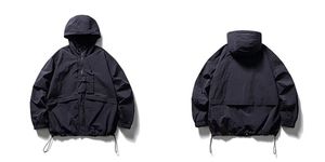 Men's Hooded Windproof <b>Jacket</b> Casual Solid Color Polyester Zipper Closure Loose Fit Autumn Outerwear with Pockets - Product Image 3