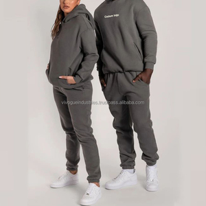 Conjunto personalizado liso de manga larga con capucha y Jogger para mujer, conjunto de invierno, chándal Unisex para mujer, chándales de lana de algodón de 2 piezas - Product Image 1