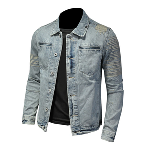 Veste décontractée pour homme en toile bleu clair respirante, coupe droite, col rabattu, style usé et déchiré, avec logo frontal et fermetures éclair, idéale pour l'automne - Product Image 4