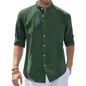 Chemise décontractée pour homme à col mandarin, manches courtes, boutonnée, avec poche poitrine et design uni - Product Image 1