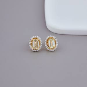 Lab Grown Yellow Emerald Cut Diamond <b>Halo</b> Stud <b>Earrings</b> in 14K Yellow/White/Rose Gold Rhodium Plated Luxury | OEM Custom Jewelry - Product Image 1
