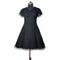 Robe midi décontractée noire à pois suisses en maille, col en V, boutonnée sur le devant, manches courtes volantées, taille empire, robe d'été