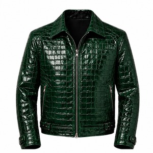 Veste moto en cuir PU vert pour homme, col rabattu, fermeture éclair, motif crocodile embossé, coupe ajustée, style automne - Product Image 3