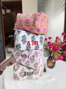 Juego de 3 bolsas de cosméticos hechas a mano con estampado de bloques de algodón al por mayor, bolsa de aseo para viaje para mujeres, organizador de maquillaje de viaje - Product Image 4