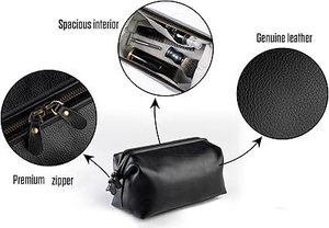 Leather <b>Cosmetic</b> Bag Medium Size Zipper Closure Durable Simple Style Black Travel Toiletries Case <b>Organizer</b> - Product Image 2