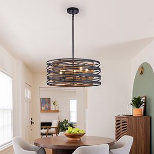 Lampadario a sospensione industriale rustico da 20 pollici a 5 luci, gabbia in metallo nero noce con accenti in legno per l'arredamento dell'isola della cucina - Product Image 1