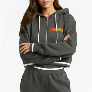 <b>Women's</b> Zip Up Hoodie Set Cropped <b>Sweatshirt</b> And Jogger Pants Tracksuit With <b>White</b> Striped Trim - Product Image 4