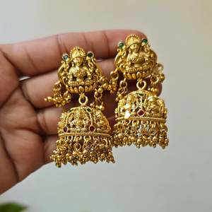 Gold Plated Pearl Chandelier Jhumka Earrings-Ethnic Religious Party Jewelry - Product Image 3
