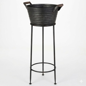 Rustic Vintage Galvanized Steel Beverage Tub With Iron <b>Stand</b> and Rope Handles Portable Metal <b>Drink</b> Cooler Bucket For Parties - Product Image 5