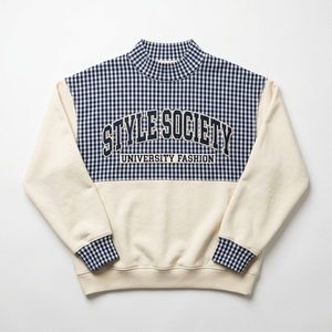 Custom Printed Oversized Sweatshirt Mock Neck Loose Fit Fashion Pullover <b>Top</b> with Contrast <b>Checkered</b> Panels for Autumn Casual - Product Image 1