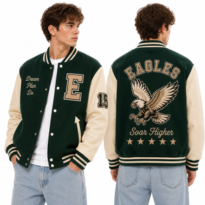 Chaqueta Varsity Color Crema Marino con Diseño Bordado de Halcones, Logos Delanteros y Traseros, Parches de Chenilla, Diseños de Ropa Deportiva al por Mayor - Product Image 5