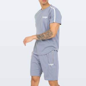 Ensemble de survêtement d'été 2 pièces personnalisé pour homme, respirant, 100 % coton tricoté, t-shirt à manches courtes et short, vêtements de sport OEM - Product Image 1