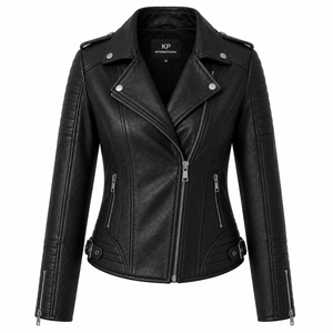 Chaqueta de Motociclista de Cuero PU Negra para Mujer KP INTERNATIONAL, Cierre de Cremallera, Cuello Alto, Estilo Otoñal - Product Image 1