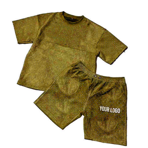 Nueva llegada de conjuntos de camisetas personalizadas para hombre, conjuntos cortos de verano de 2 piezas con pedrería, 100% algodón, felpa francesa para hombre - Product Image 3
