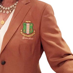 Blazer Dorado Camel para Mujer, Chaqueta Entallada con Escudo Bordado, Ropa Exterior Formal Profesional para Hermandades - Product Image 2
