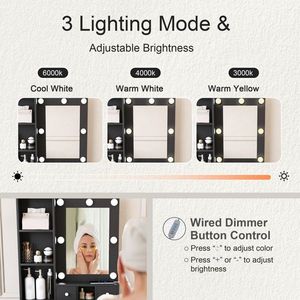 Toeletta Compatta in Stile Europeo con Specchio a Luci LED Regolabili, Presa di Corrente e Supporto per Asciugacapelli, Sgabello per Spazi Ridotti - Product Image 6