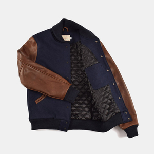 Navy Wool and Brown Leather Varsity Jacket for <b>Men</b> Classic Bomber Style Outerwear with Ribbed Hem Cuffs and Snap Button Front - Product Image 4