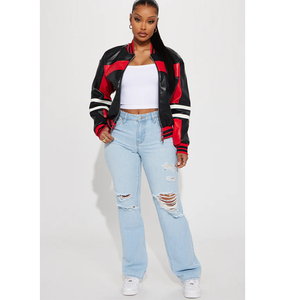 Chaqueta Bomber Negra y Roja de PU con Bloques de Color, Cuello Camisero, Cierre de Cremallera, Estilo Deportivo, Corte Regular, Unisex, para Otoño - Product Image 2
