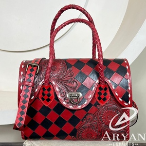 New Western Style Hand Tooled Cowhide Leather Tote <b>Bag</b> Checkered Floral Pattern Handmade Braided Handle Women's Designer Purse - Product Image 1
