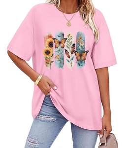 Camiseta de Algodón 100% Estampada al por Mayor para Mujer, Manga Corta, Cuello Redondo, Hombro Caído, Cómoda, Oversize, de Bangladesh - Product Image 1