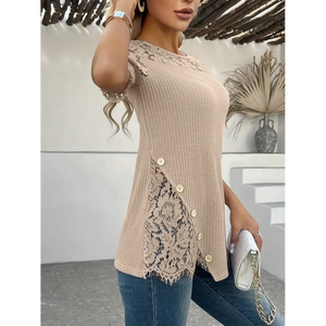 Túnica de punto gofrado asimétrica con encaje y patchwork para mujer - Product Image 2