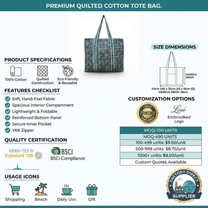 <b>Tote</b> <b>Bag</b> Quilted Cotton Striped Casual Eco-Friendly 250gsm <b>Medium</b> Teal Women Long Handle Boho Zipper Closure Extra Large Shops - Product Image 4