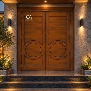GA-41L Puerta Doble de Entrada de Madera Maciza Moderna, Diseño Escandinavo con Ranuras Circulares para Villa, Alta Calidad - Product Image 1