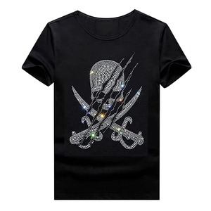 Men's Black Short Sleeve O-Neck T-Shirt Rhinestone Skull Cross Swords Pattern Custom Brand and <b>logo</b> Acid Wash t Shirt - Product Image 1