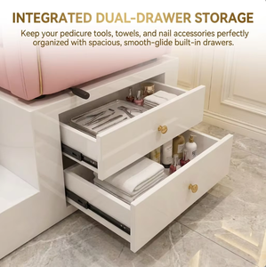 Fauteuil de pédicure rose poudré de luxe avec deux tiroirs de rangement et bassin en céramique blanc - Station de pédicure professionnelle pour techniciennes d'onglerie - Product Image 5