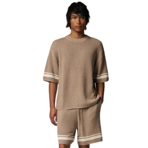 Crochet Knitted Contrast Stripe <b>T</b>-<b>Shirt</b> <b>Brown</b> Short Sleeve Textured Knit Summer Casual Breathable Crew Neck Top - Product Image 6