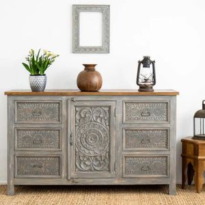 Antique Luxury Solid Wood <b>Sideboard</b> with Floral Pattern Rustic Design <b>Storage</b> Furniture for Entryway and Living Room - Product Image 5