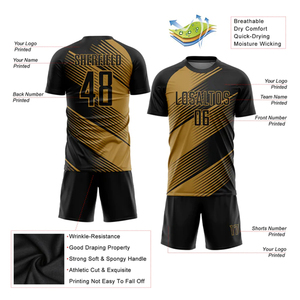 Tenues de football pour hommes personnalisées respirantes, couleur noir et or, manches courtes, col rond, ensemble maillot et short de football - Product Image 4