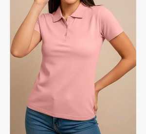 Polo de Manga Corta Rosa Sólido para Mujer, Top Casual de Punto con Cuello - Product Image 2