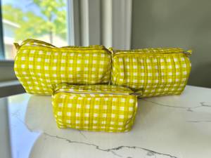 Premium Yellow Gingham 3 Piece Quilted <b>Makeup</b> Pouch Set Cotton Cosmetic Bags for Women Travel Toiletry Organizer Zipper <b>Cases</b> - Product Image 6