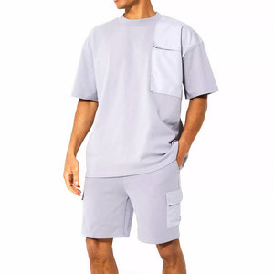 Men's Light Gray Casual Summer Two-Piece <b>Set</b> Knitted 100% Cotton Breathable Eco-Friendly Seamless Fusing Solid Pocket Design - Product Image 1