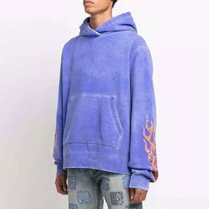 Sweat-shirt à capuche oversize pour homme, imprimé flamme, en molleton de coton, décontracté, pour l'automne, effet délavé - Product Image 5