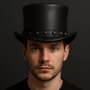 Handcrafted Black Leather Top <b>Hat</b> Steampunk with Studded <b>Band</b> Bold Western Gothic - Product Image 3