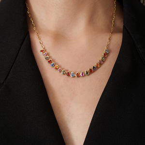 Nuevo Diseño en Tendencia, Collar de Cadena Tipo Clip de Oro Amarillo K14 con Bisel de Zafiros Multicolor Arcoíris, Estilo Medio Tennis para Mujer - Product Image 2