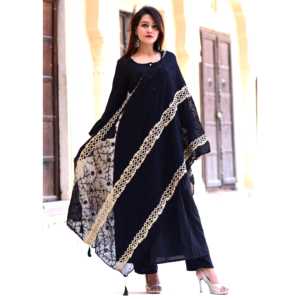 Magnifique ensemble de costume noir avec dupatta doré, taille XS, tissu en mousseline de soie - Product Image 3