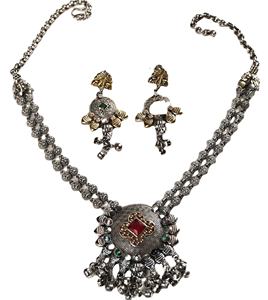 Collar antiguo de dos tonos chapado en oro y plata con pendientes colgantes, conjunto de joyería india para boda - Product Image 2