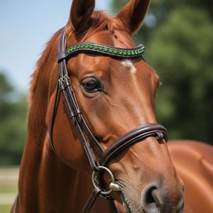 Bridon d'obstacle anatomique pour cheval anglais avec frontale en cristal vert, muserolle en cuir rembourrée - Product Image 2