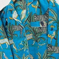 Pyjama femme en coton tissé 100% avec short, imprimé jungle bleu fait main, confortable pour dormir, logo frontal