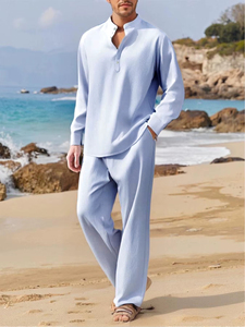 Ensemble d'été décontracté pour homme : chemise respirante et pantalon uni, idéal pour les voyages et la plage - Product Image 6