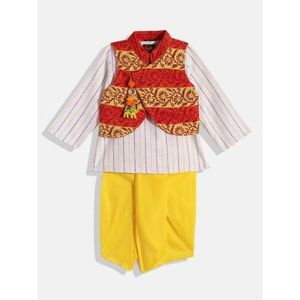 Kurta Amarilla para Niños con Dhoti y Chaqueta, Estampado Completo, Mangas Largas, Estilo Étnico, Poliéster, para Bodas y Fiestas - Product Image 1